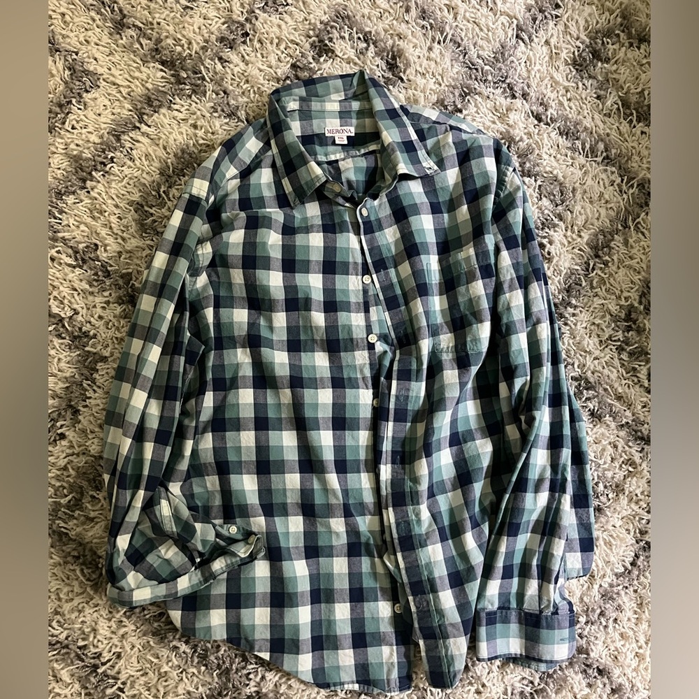Merona Teal, Navy & White Plaid Casual Button-Down